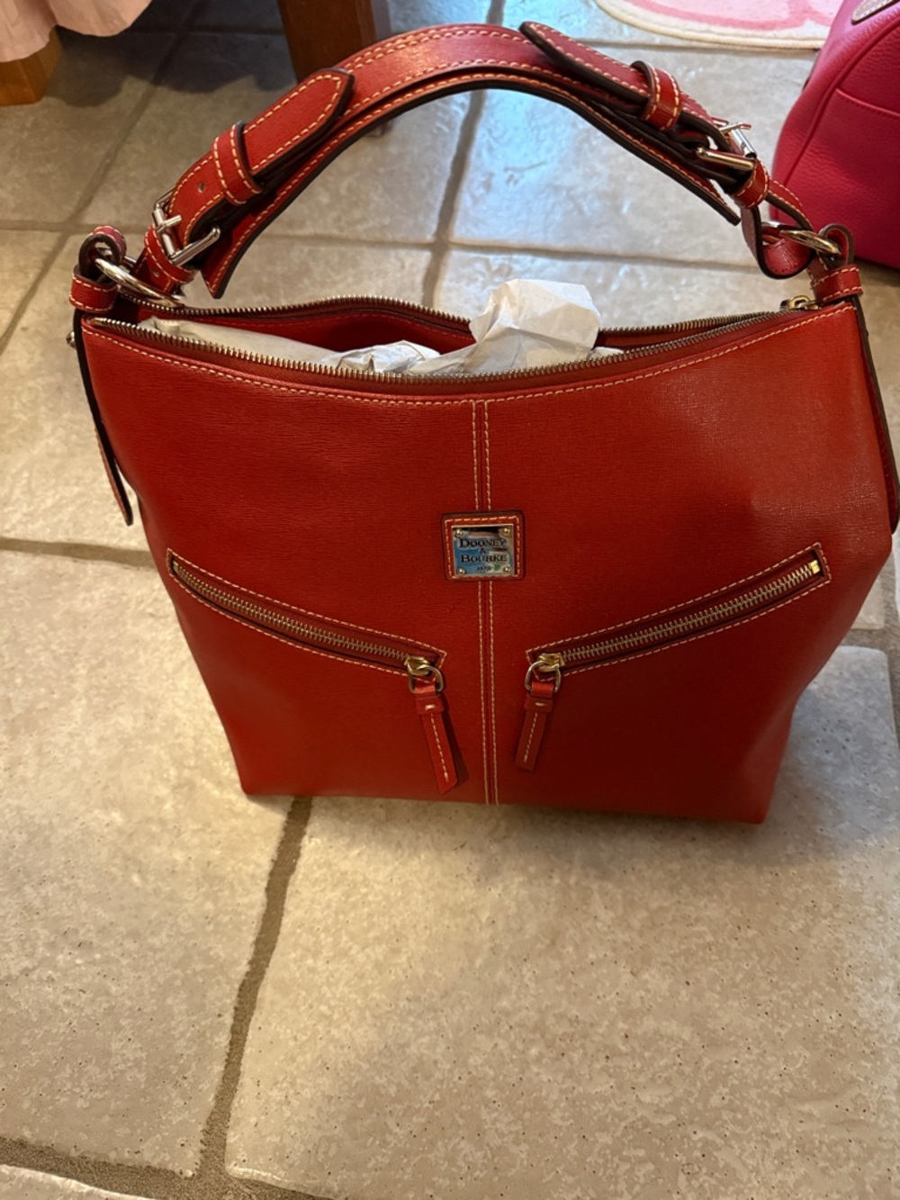 Dooney & Bourke Red Leather Shoulder Hobo with Front Zippers